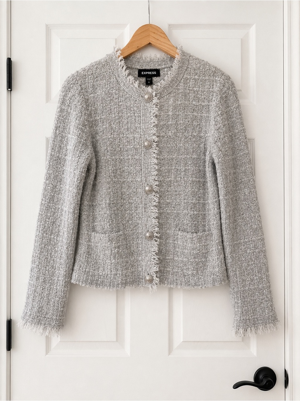 Express Gray Tweed Fringe Trim Jacket Small Career Chic
